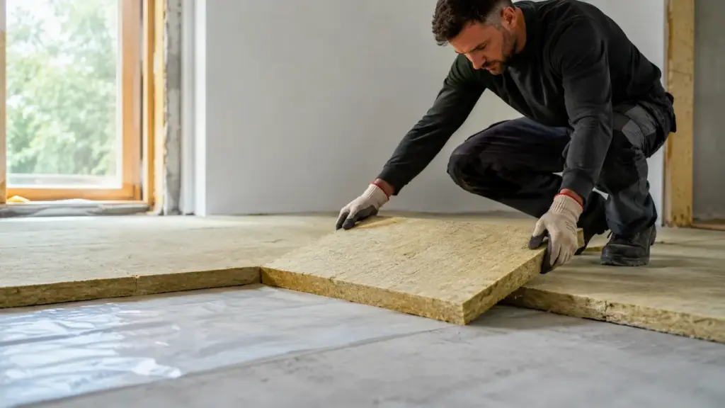 Construction worker kneeling on a concrete floor, placing a sheet of OSB plywood over a subfloor, wearing gloves and dark clothing in a sunny, unfinished room.