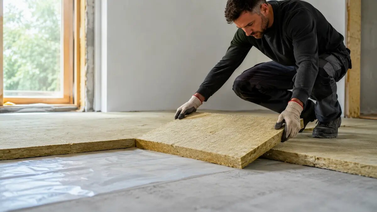 Construction worker kneeling on a concrete floor, placing a sheet of OSB plywood over a subfloor, wearing gloves and dark clothing in a sunny, unfinished room.