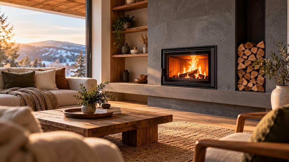 Cozy living room with a glowing wood-fire, a wooden coffee table, and a beige sofa with throws, overlooking snowy mountains.