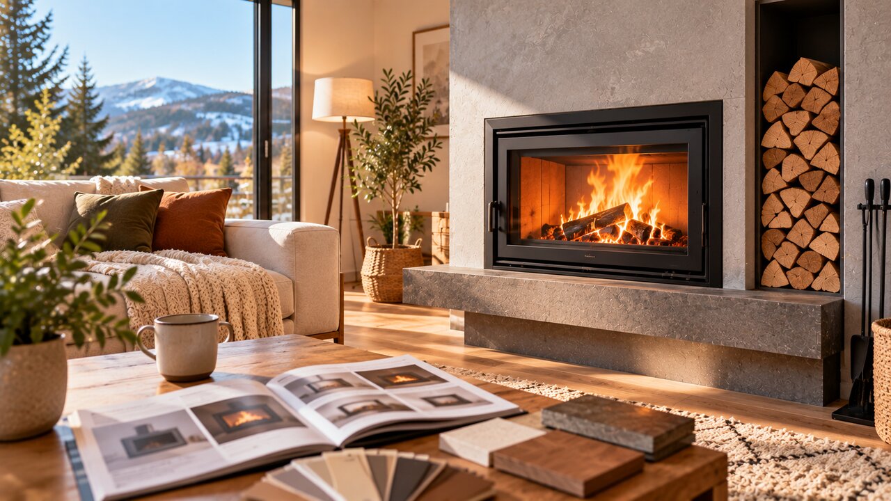 Cozy living room with a glowing fireplace, beige sofa with cushions, and a coffee table with magazines; mountains visible through large windows.