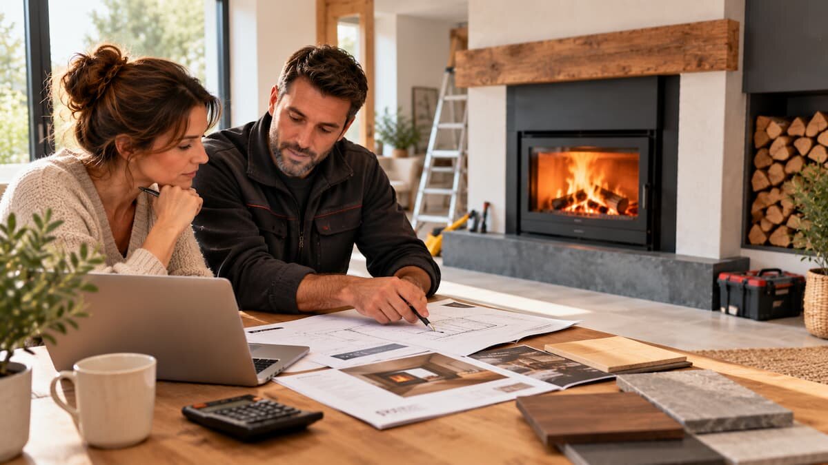 Couple reviewing interior design plans at a table with a laptop, blueprints and material samples by a lit fireplace in a cozy living room.